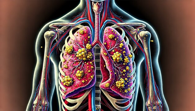 Human lungs affected by miliary tuberculosis, illustration