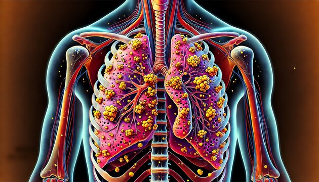 Human lungs affected by miliary tuberculosis, illustration