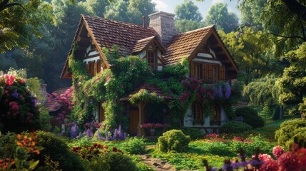 Fototapeta premium A beautiful house surrounded by lush greenery and blooming flowers.