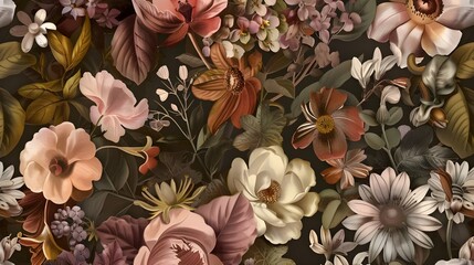 Vintage Floral Pattern with Colorful Flowers and Leaves