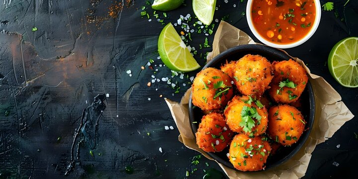 Codfish fritters with lime hot sauce a traditional Brazilian dish. Concept Brazilian cuisine, Codfish fritters, Lime hot sauce, Traditional dishes, Cooking instructions
