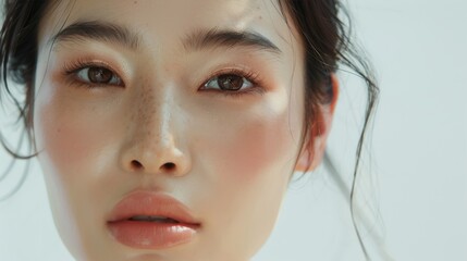 Fototapeta premium Close-up of a Chinese model with her eyes open, looking directly into the camera on a white background. A minimum of makeup.