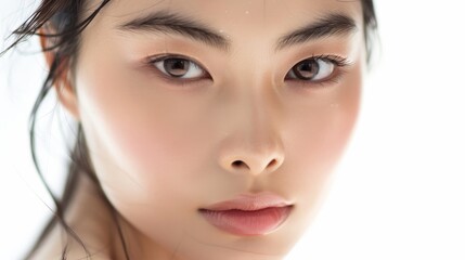 Fototapeta premium Close-up of a Chinese model with her eyes open, looking directly into the camera on a white background. A minimum of makeup.