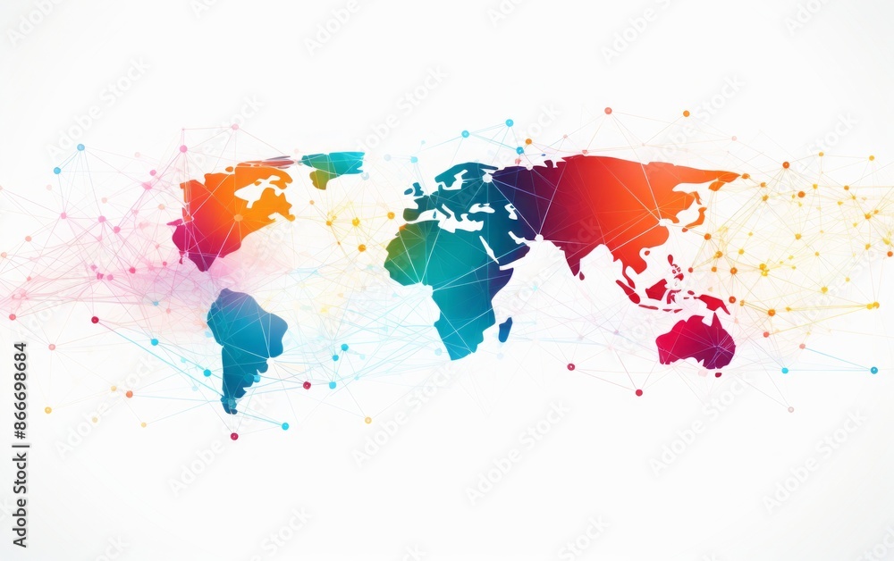 Poster colorful abstract world map with connecting dots and lines. global network, globalization, communica