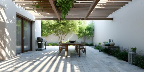 3D rendering of a modern patio with pergola dining table and grill. Concept Modern Patio Design, Pergola Setup, Outdoor Dining Area, Grilling Station, 3D Rendering