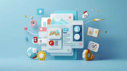 3D vector icon of a modern web application with document and tightrope icons floating on a blue background, Generative AI illustrations. 