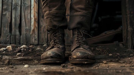 An officer army boots, barn background, cinematic, style of a movie poster, dramatic, Generative AI illustrations. 