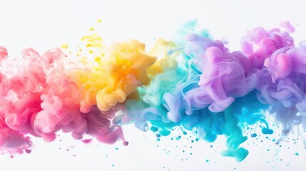 Vibrant cloud of colorful smoke splashing across a white background, creating a dynamic and lively visual effect in a spectrum of hues.