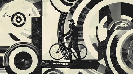 Abstract background a poster for coffee, bikes, and music, Weimar Republic, created by Oskar Schlemmer, merging human and machine, bauhaus graphic style, Generative AI illustrations. 