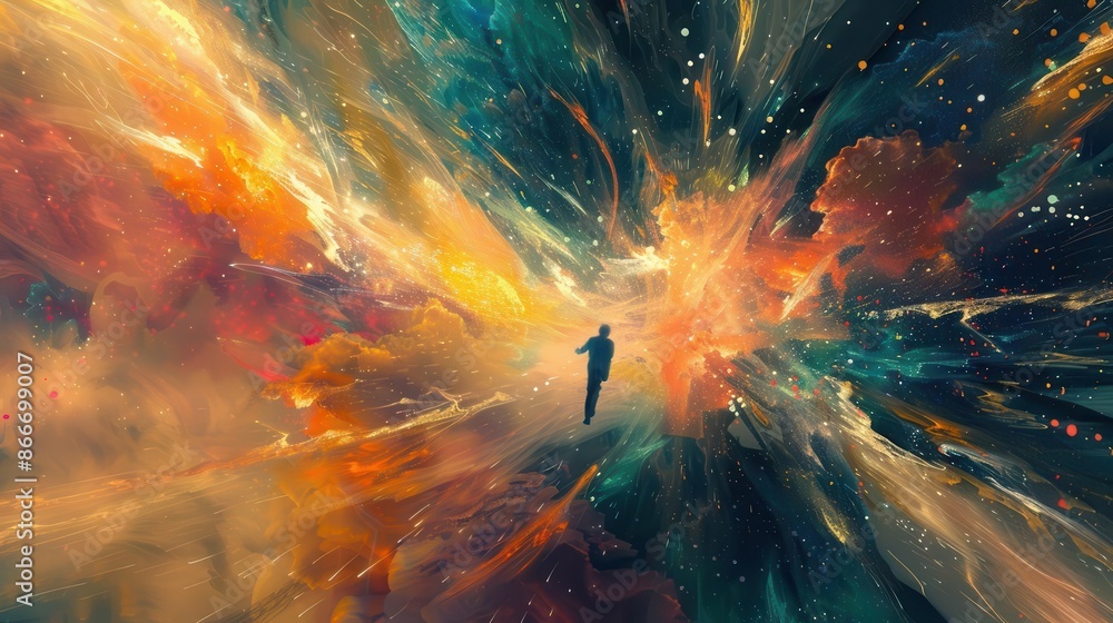Wall mural surreal scene of friends bursting through dimensional portal vibrant energy trails following their j