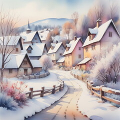 Picturesque village blanketed with snow on winter morning, featuring serene bridge over river and majestic mountains in background. Colorful houses
