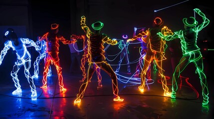 A group of people look like stick figures because they have glow sticks placed on their clothes, Generative AI illustrations. 
