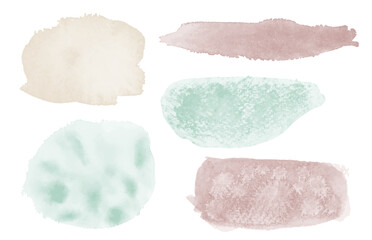 Pastel Watercolor blots backgrounds bundle. Brush stroke abstract shapes set. Paint stain wallpapers collection.