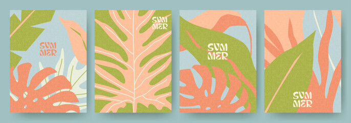 Creative concept of summer bright cards set with abstract tropical leaves. Modern art minimalist style design templates for celebration, ads, branding, banner, cover, label, poster, sales