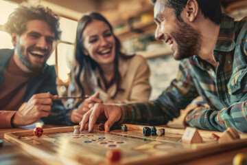 Group of friends laugh and enjoy a board game at indoor setting