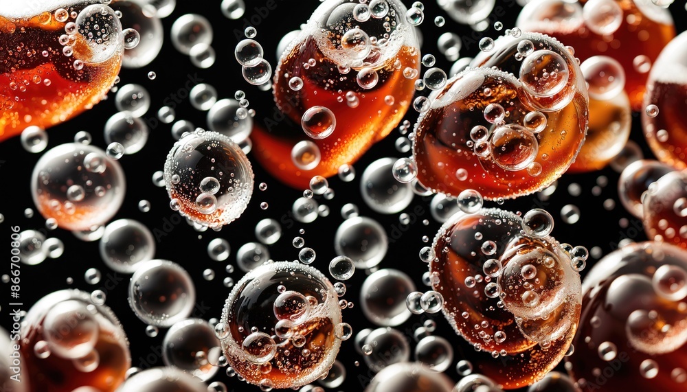 Poster numerous bubbles suspended in a dark liquid, illuminated by a warm light source. image captures the 