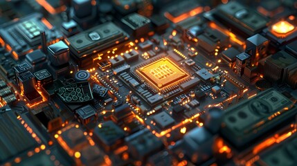 Obraz premium A photo of computer chip placeing in the center surrounded by money around him, data centre background epic, Generative AI illustrations. 