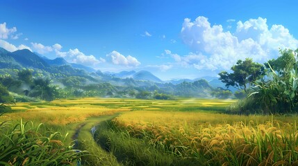 Obraz premium A swaying rice fields under a clear blue sky, evoking a sense of endless prosperity and tranquility, realistic painting style, Generative AI illustrations. 