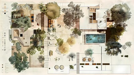 An architectural presentation board of the design of an artist's house with floor plans, views, Generative AI illustrations. 