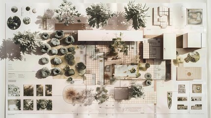 An architectural presentation board of the design of an artist's house with floor plans, views, Generative AI illustrations. 