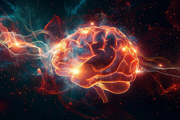 An abstract glowing brain with neural connections, concept of artificial intelligence and creativity.