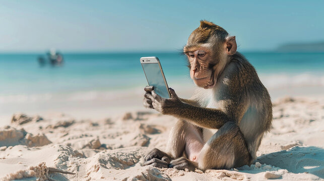 A monkey sitting on a beach, intently looking at a smartphone. The humorous contrast between the animal and technology makes for an engaging, thought-provoking image.