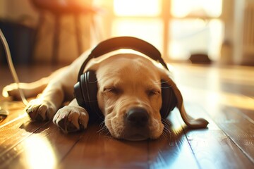 Cute puppy dog listening to music with headphones.