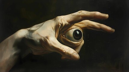 A real all seing eye in the middle of the hands palm, paintings are a fusion of light interplay, emotional intensity, exquisite detail, Generative AI illustrations. 