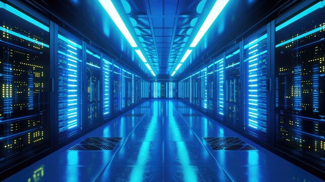 A parallel row of servers, adorned in electric blue, fills a technology-driven data center hallway with a symmetrical display of power and Azure technology. AIG41