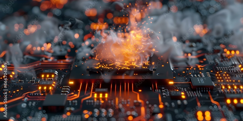 Poster 3d rendering of smoking sparking circuit board with overheated electronic component. concept electro