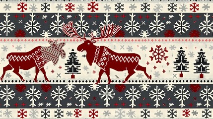 A festive Christmas sweater pattern with moose and Nordic patterns, in reds, whites, and grey tones, with a knitted texture, Generative AI illustrations. 