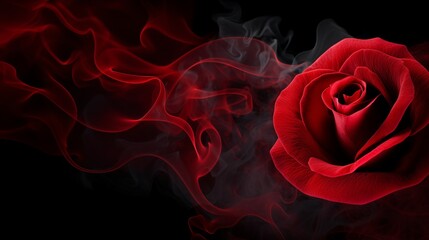 Naklejka premium Red rose wrapped in smoke swirl on black background.