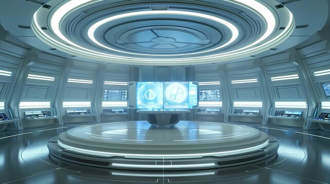A federation starbase command centre, large round room, holographic LCARS displays, Generative AI illustrations. 