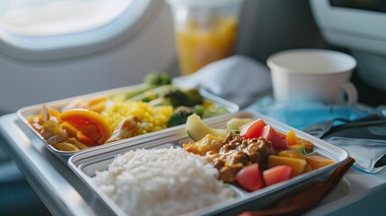 An appetizing in-flight meal presented with rice, vegetables, and a hot entree, backlit by the soft glow of the plane’s window.