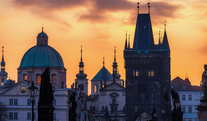  Vltava river with old Town bridge tower on Charles bridge  in Prague, Czech Republic.