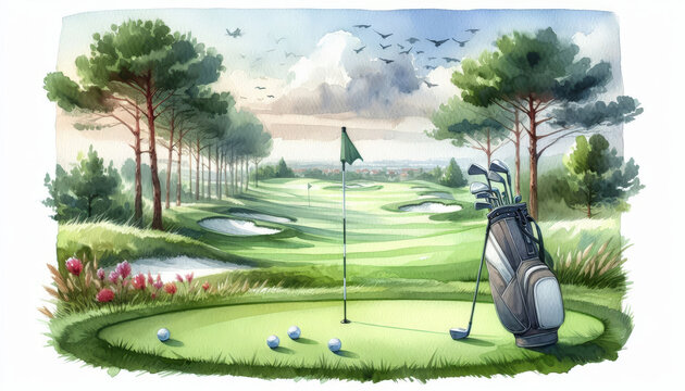 Watercolor Illustration of a Golf Course - A watercolor illustration depicting a green golf course with a flag, golf clubs, and balls in the foreground, framed by trees and a cloudy sky.