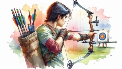 Young Archer Aiming at Target - A young man is drawing back an arrow on his bow, aiming at a target with a focused expression, all depicted in watercolor.