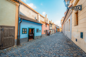 Little houses on Golden street inside of Hrandcany Castle with museum inside in Prague, Czech Republic