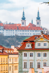 View of the city Prague and the Vltava river with Charles bridge  from prague castle, hradcany in Prague, Czech Republic.