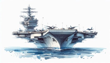 Aircraft Carrier at Sea: A Watercolor Depiction - A watercolor painting depicts an aircraft carrier at sea, showcasing its imposing size and the accompanying fighter jets.