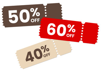 disocut ticket coupon 60 50 40 percent off sale banner for promotion and advertisement 