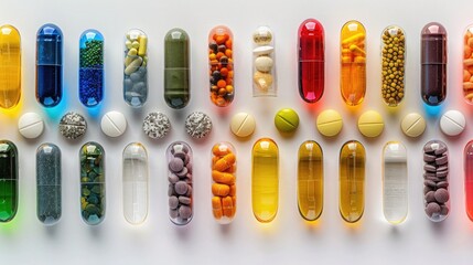 Obraz premium Colorful Health Supplements Collection on White Background