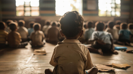 Classroom with children sitting on the floor, developing country, education conditions