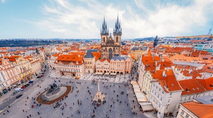 View of the city of Prague and old town square with buildings and Church of Our Lady before Tyn in...