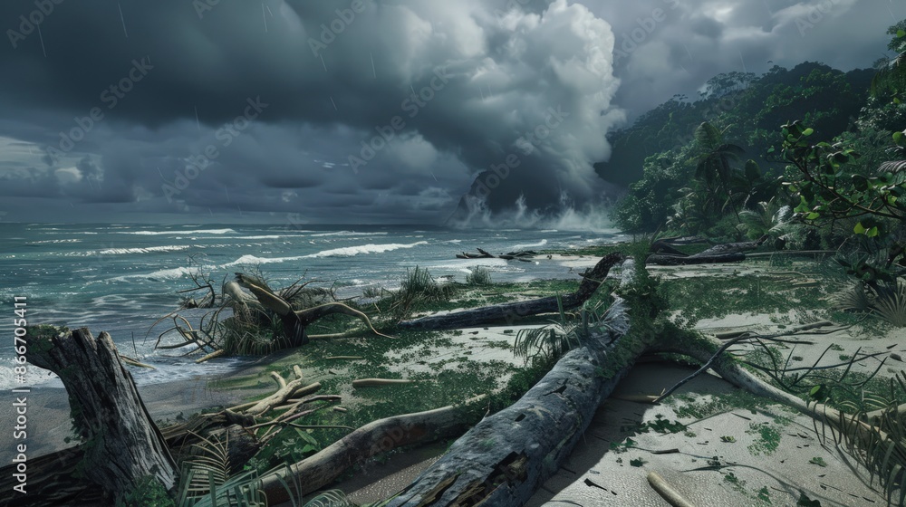 Poster a beach scene with a cloudy sky and a few trees. generate ai image