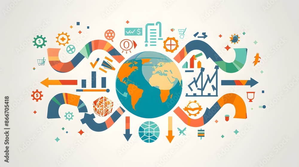 Wall mural A globe surrounded by investment symbols representing various asset classes and geographical regions, with arrows indicating the spread of investments to reduce risk and volatility in a portfolio