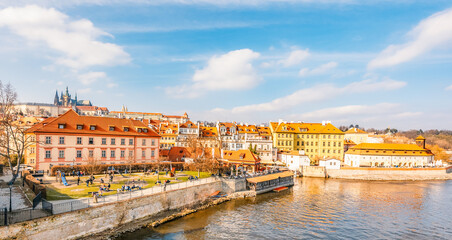 View of the city of Prague castle in hradcany and the Vltava river from Charles bridge in Prague, Czech Republic.