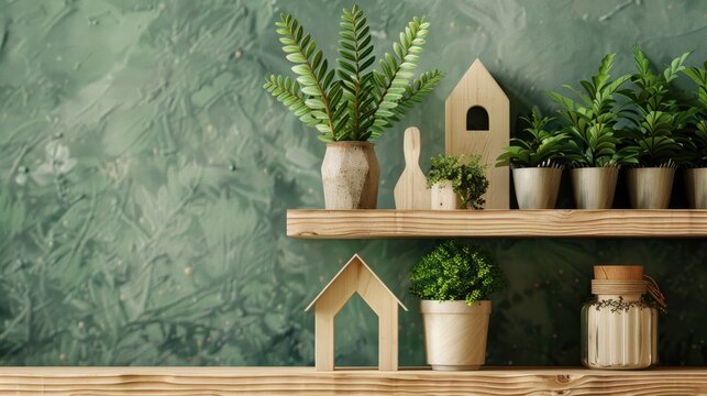 Indoor green image of DIY wooden shelves and house model