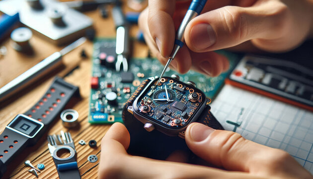Watchmaker Adjusting the Hand of a Mechanical Watch - A watchmaker uses a small screwdriver to adjust the hour hand of a mechanical watch on a workbench, surrounded by tools and parts.