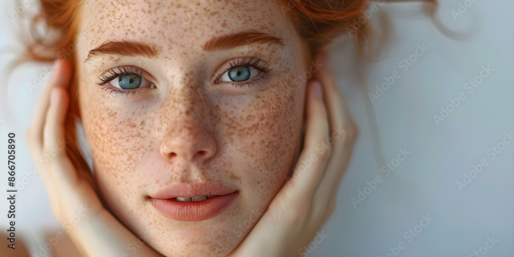 Wall mural A young woman with freckles gently touching her face promoting skincare. Concept Beauty, Skincare, Freckles, Natural, Youthful